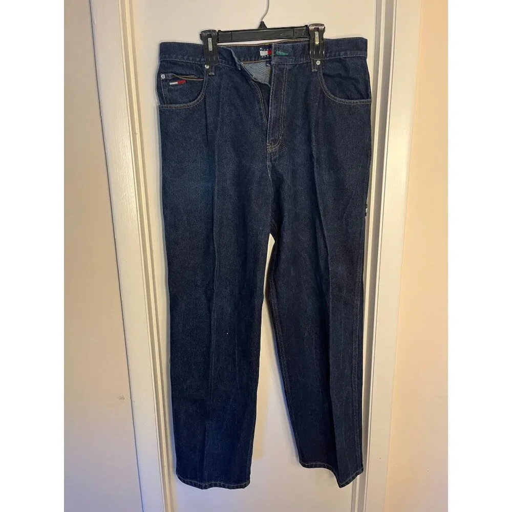 Y2K Tommy Hilfiger Mens Dark Denim Carpenter Jeans 38 Tool Pockets Relaxed 2000